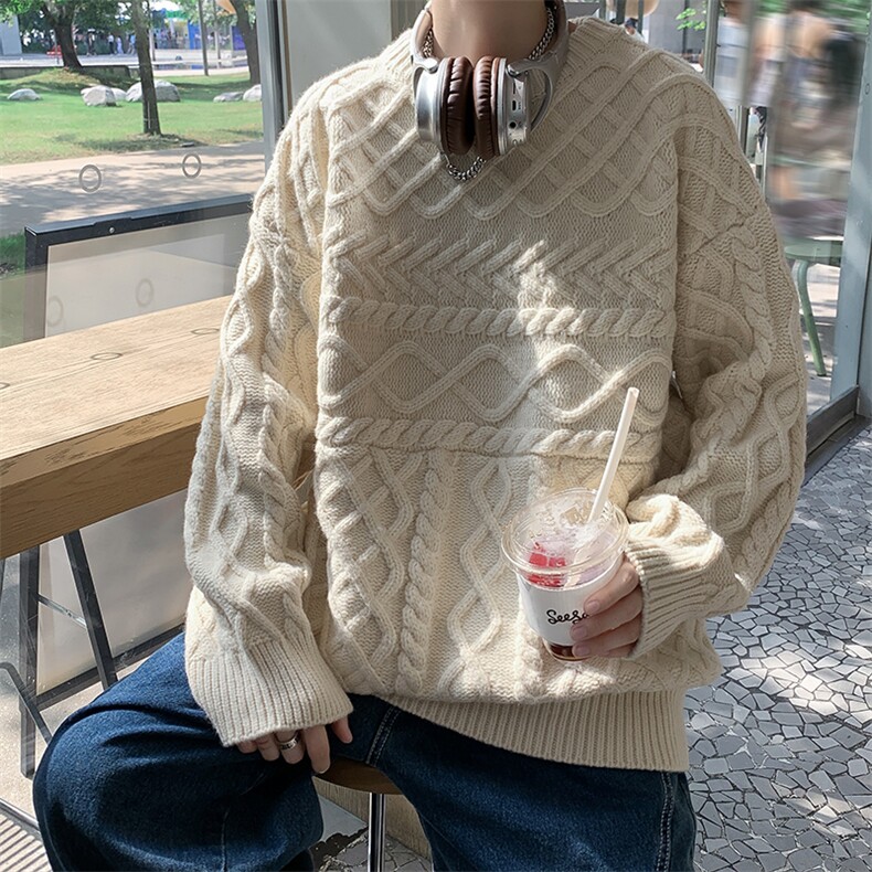 港风秋冬男圆领套头毛衣条纹针织衫提花拼接休闲外套M0236P55,男装针织衫/毛衣,星座1013-1