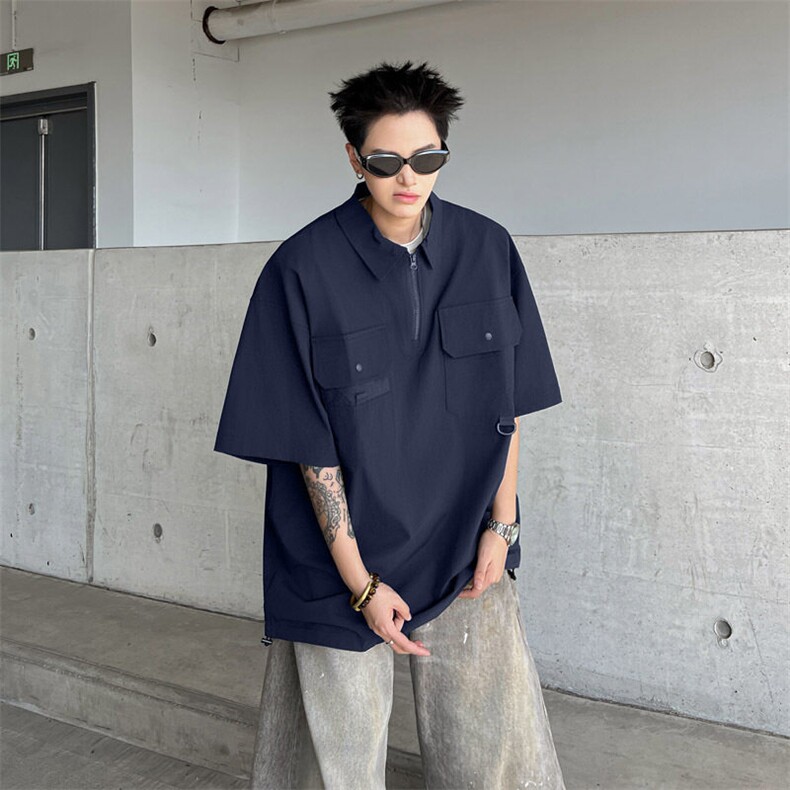 夏季半拉链翻领短袖男士青年潮牌日系口袋工装POLO衫港风宽松上衣,男装Polo衫,星座813-2