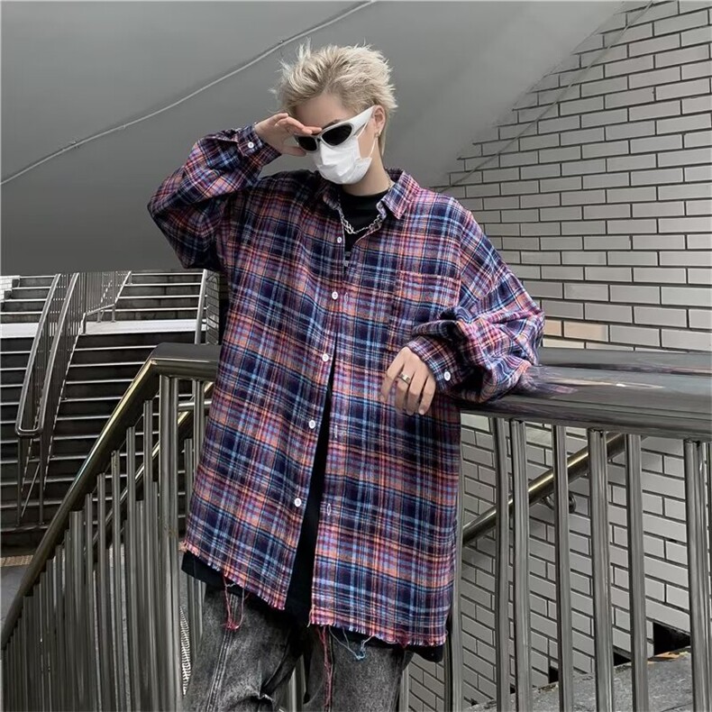 美式复古蓝色格子衬衫男女宽松休闲百搭外套潮男生2024年798/P45,男装衬衫,星座506