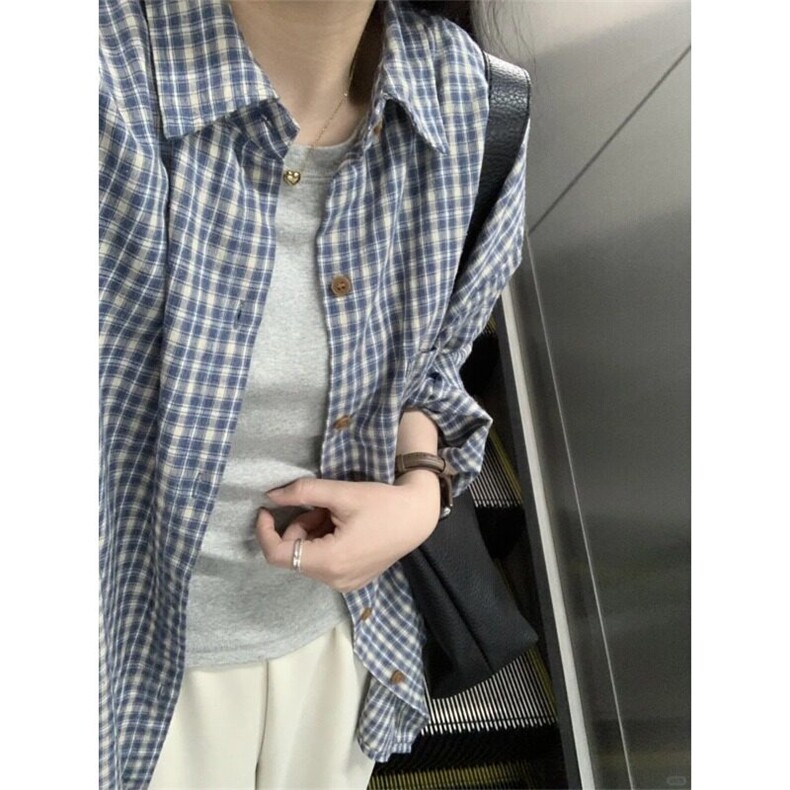 蓝色格子衬衫内搭春夏季女装叠穿衬衣小众设计感上衣休闲长袖外套图片
