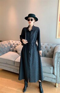 【现货】【】系带收腰拼色撞色中长款连衣裙图片