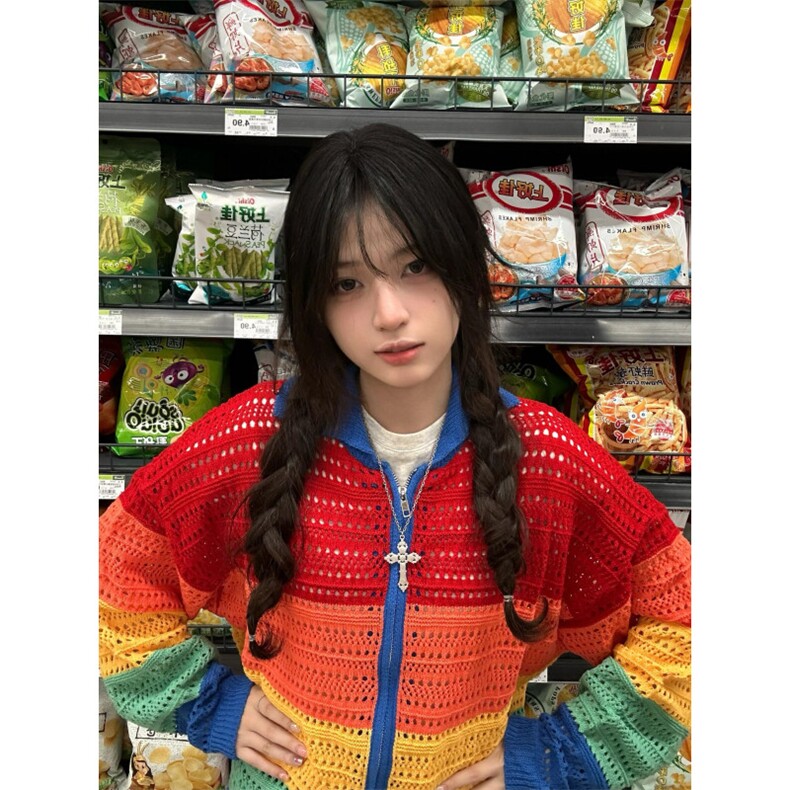 【有货】彩虹针织开衫卫衣男女款镂空防晒多巴胺外套K80CC-特P48,男装防晒衣,星座1007（原301D）