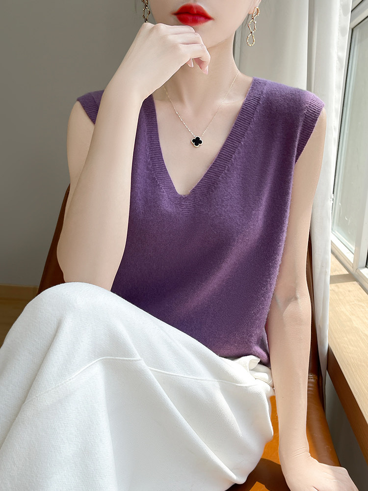 v领新款针织吊带女无袖纯色马甲简约百搭宽松套头上衣,针织衫/毛衣,戎洋