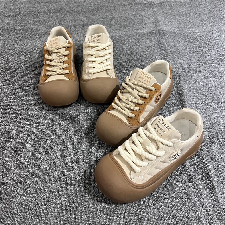 系带大头丑萌鞋女2024春季新款真皮小白鞋百搭休闲厚底，女鞋单鞋，黄金折扣鞋