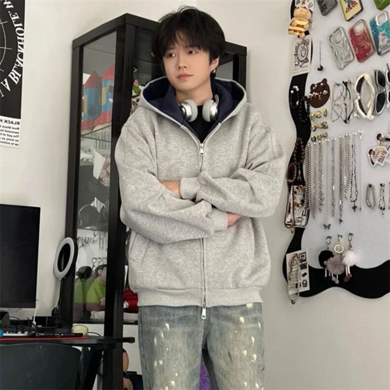 抖音得物高品质二开26春装美式重磅宽松结构双面连帽卫衣外套W68,女装短外套,电商A486-1