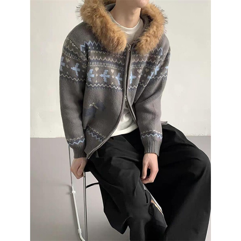 重磅北极绒座山雕毛衣外套冬美式复古休闲慵懒风大毛毛领针织开衫，男装针织衫/毛衣，电商A443