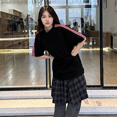 抖音得物品质二开240克宽松纯棉美式潮牌印花三条杠中性风短袖T恤，男装T恤，电商A486