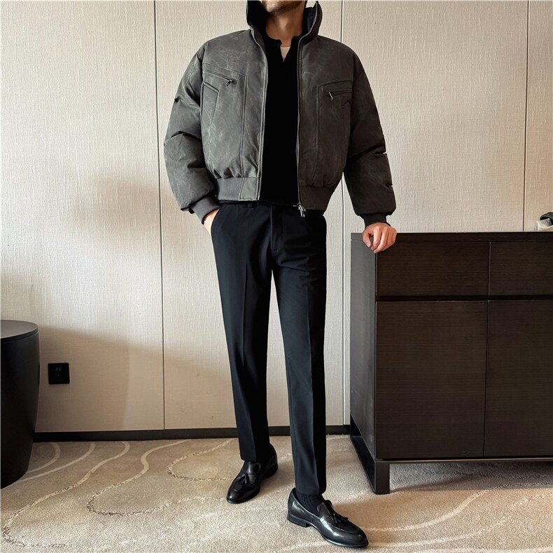 秋冬麂皮绒保暖加厚棉衣男士短款立领面包服深灰色M25061-P247,男装棉衣,电商A213