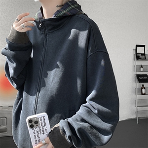 美式做旧假两件连帽卫衣男秋季潮牌拉链拼接格子开衫外套WY20P78图片