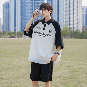 港风 24夏款华夫格字母印花POLO休闲短袖套装 TZ61185 P65控88图片