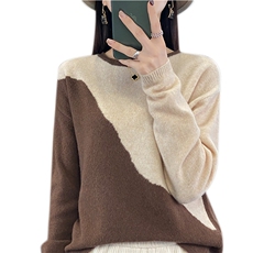 拼色圆领100%纯羊毛衫女秋冬新款长袖针织毛衣宽松羊绒衫打底上衣，女装羊毛衫，琳尚羊绒