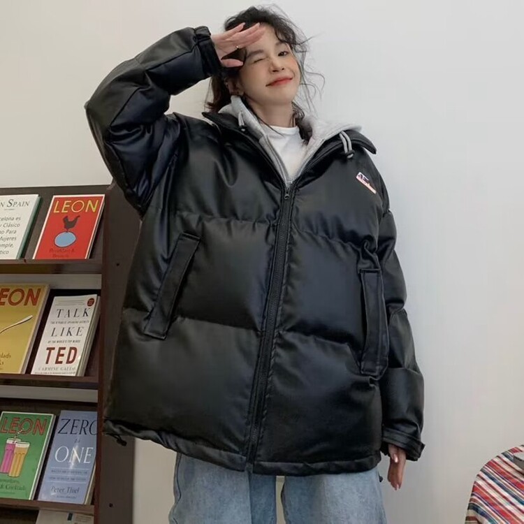 短款假两件羽绒服连帽加厚保暖情侣同款黑色面包防寒外套冬,男装羽绒服,星座218-8