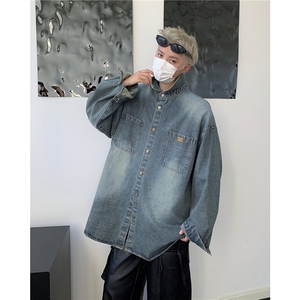 美式潮牌水泥染牛仔衬衫男秋季长袖宽松休闲衬衣外套男W1553/P60图片