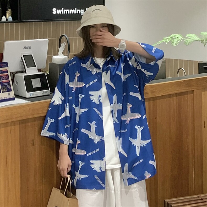 夏季潮流小飞机满印ins衬衫新款冰丝情侣装 A071-C35-P38图片