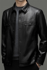 男士皮衣冬季新款薄绒保暖上衣中年商务休闲爸爸装翻领纯色外套，男装皮衣，电商B212（原钱塘6029）