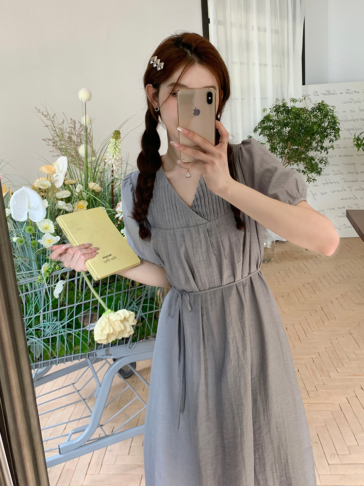 新款蓝灰色法式V领显瘦连衣裙【现货】5087-P125K178,女装连衣裙,浙宝192（原082）