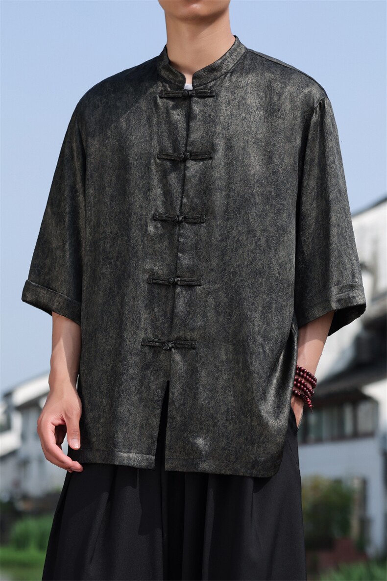 2025夏季新款风大码七分袖衬衫男士立领盘扣上衣CS2461-P60,男装衬衫,电商A008