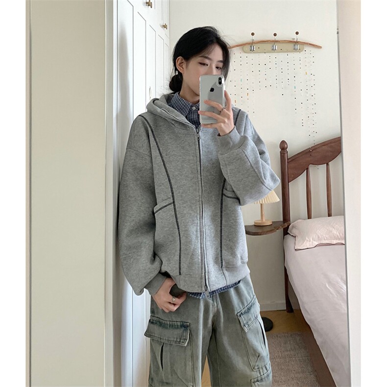 抖音得物高品质秋冬美式高街重磅结构辑明线纹理连帽卫衣外套W111,女装短外套,电商A486-1