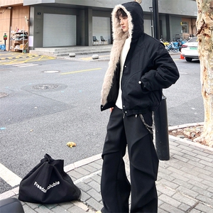 现货高品质美式高街冬季重磅硬挺短款座山雕毛领棉衣男女加厚外套图片