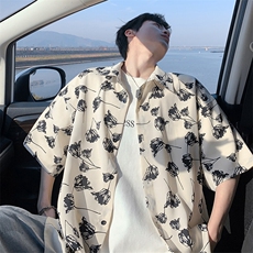 特批P25无差价夏季复古翻领冰丝冰感宽松五分短袖花衬衫男CD5479，男装衬衫，电商A001-1