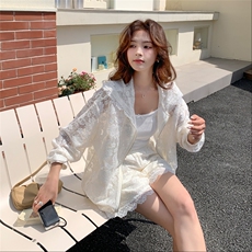 白色蕾丝花边拼接防晒衣套装女夏季2025新款小个子宽松气质两件套，女装套装/套裙，帛锦泉