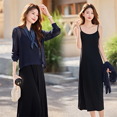 黑色吊带连衣裙2025秋新款简单大方的法式气质针织长袖度假套装裙，女装套装/套裙，奋斗女王