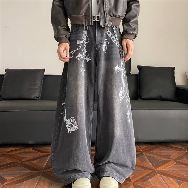 8016小众设计感刺绣闪电纹牛仔裤宽松休闲直筒青少年阔腿拖地长裤,男装牛仔裤,星座308A-1（原309B-1）