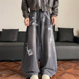 8016小众设计感刺绣闪电纹牛仔裤宽松休闲直筒青少年阔腿拖地长裤图片