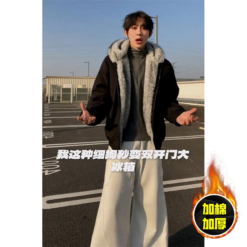 现货高品质美式高街冬季重磅狼王座山雕毛毛领棉衣男女款加厚外套,男装棉衣,电商A486-1
