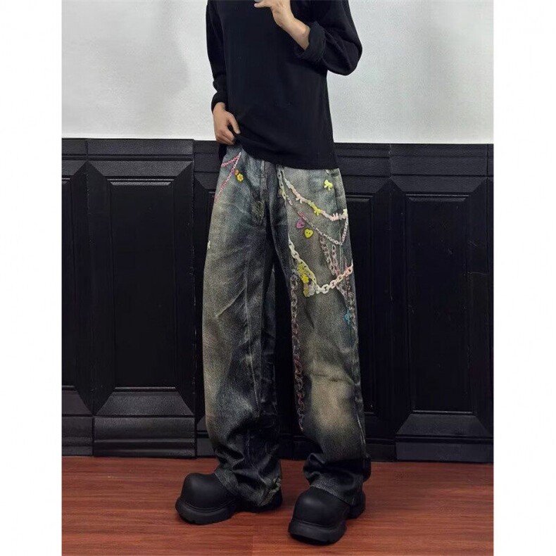 新款3D多巴胺糖果链条印花直筒牛仔裤长裤,男装牛仔裤,星座1018A