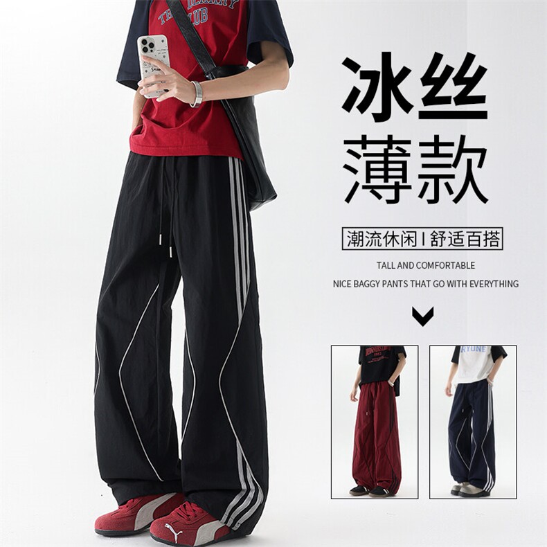 美式高街条纹裤子男夏季冰丝宽松冲锋户外工装伞兵阔腿裤KZ047P55图片