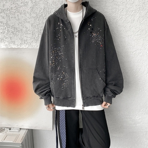秋季美式烫钻开衫拉链卫衣男潮牌高级感痞帅短宽外套男 WY37P98图片