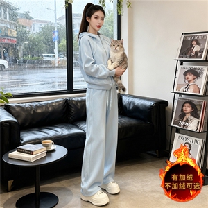 韩版开衫加绒卫衣套装女秋冬保暖新款连帽宽松上衣长裤时尚两件套