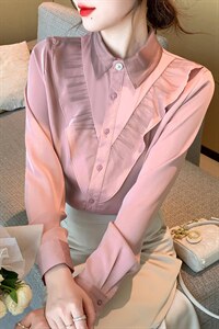 春季新款气质荷叶边雪纺衫衬衫轻熟小衫仙女长袖上衣，女装蕾丝衫/雪纺衫，美吧服饰