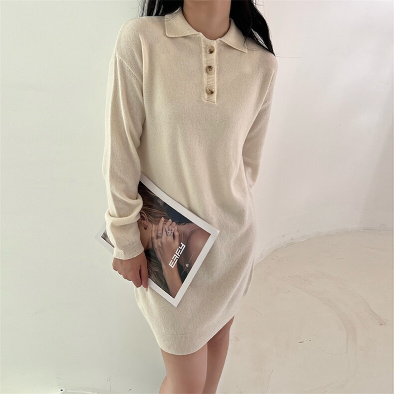 韩系女秋冬中长款大码休闲宽松POLO领显瘦针织连衣裙羊毛衫,女装连衣裙,臻纶羊绒