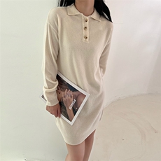 韩系女秋冬中长款大码休闲宽松POLO领显瘦针织连衣裙羊毛衫，女装连衣裙，臻纶羊绒