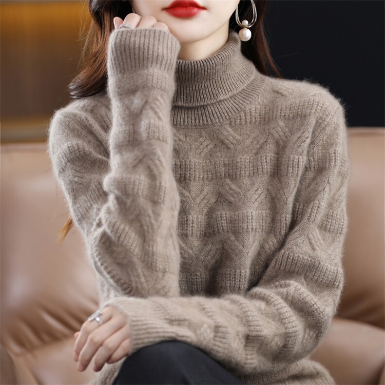 时尚百搭紫色高领羊毛衫女款修身显瘦针织毛衣,女装羊毛衫,邓利维