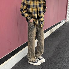 美式高街提花牛仔裤男女款潮牌水洗直筒宽松痞帅微喇裤AK06-P45，男装牛仔裤，星座308B-2