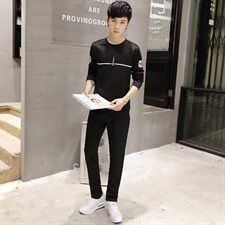 套装几何图案潮青春流行春季运动修身型印花免烫处理青年套头，男装套装，星座1506-1