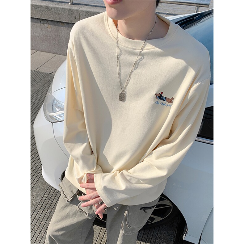 港风复古双面德绒腊肠狗刺绣大码圆领长袖T恤男T24500-特P20控38，男装T恤，电商A001-1