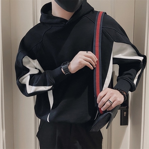 AW96/P78控108秋季社会小伙连帽拼接撞色结构长袖卫衣男黑首图片