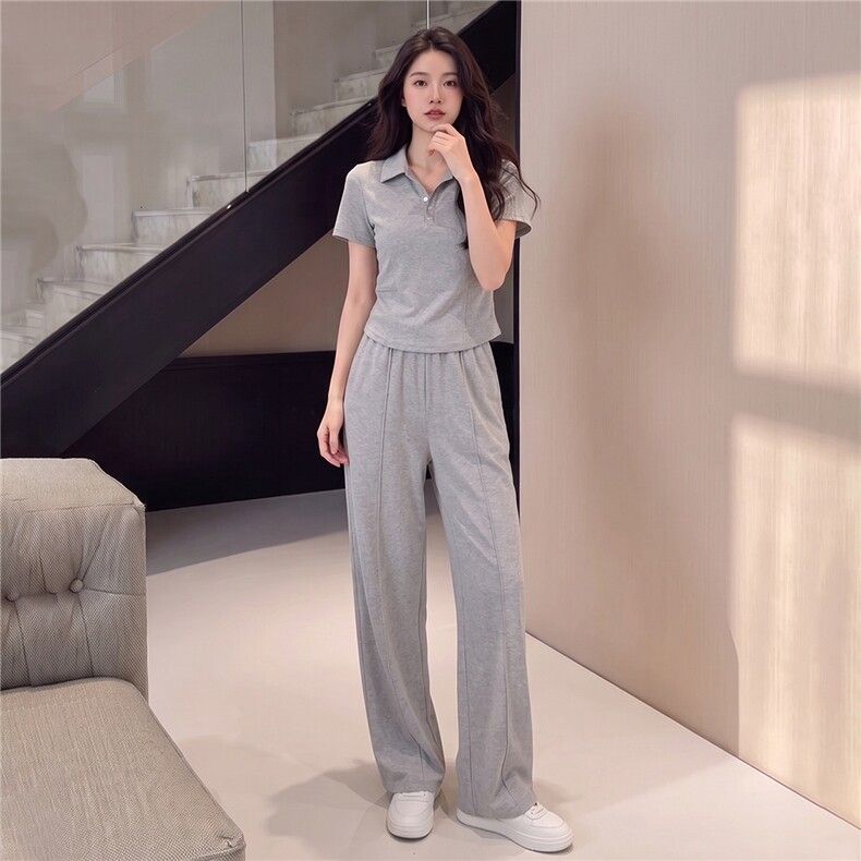 韩版时尚休闲运动套装女夏季新款显瘦气质翻领短袖卫衣长裤两件套,女装套装/套裙,江南