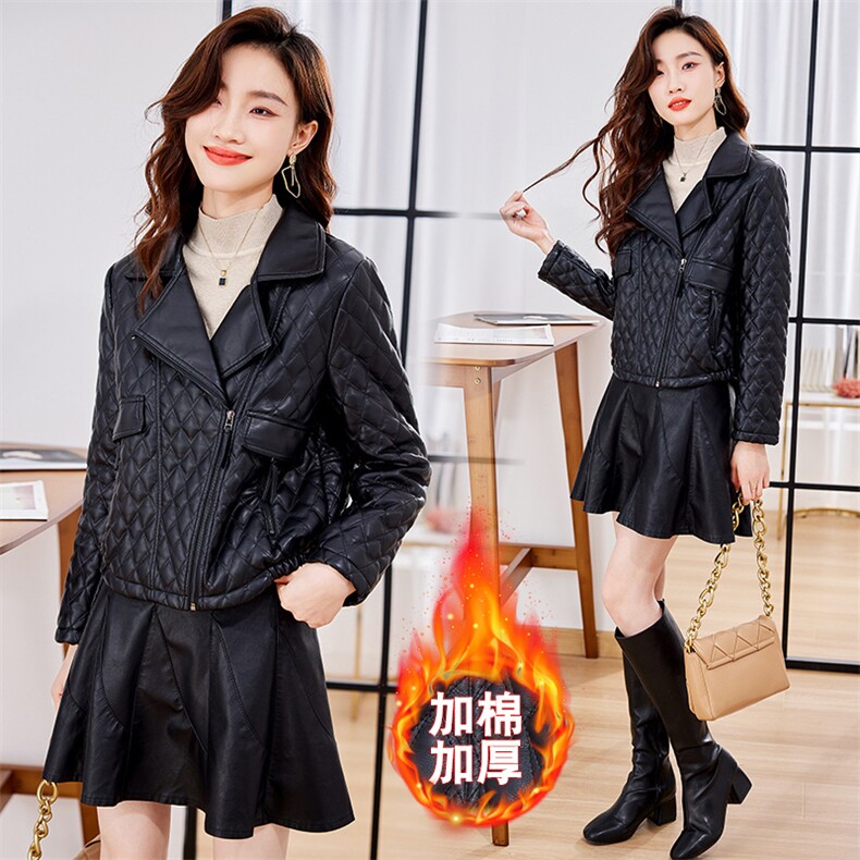 咖色菱形格皮衣外套女2022年秋冬新款欧洲站加绒加厚西装领PU夹克，女装皮衣，江南女神