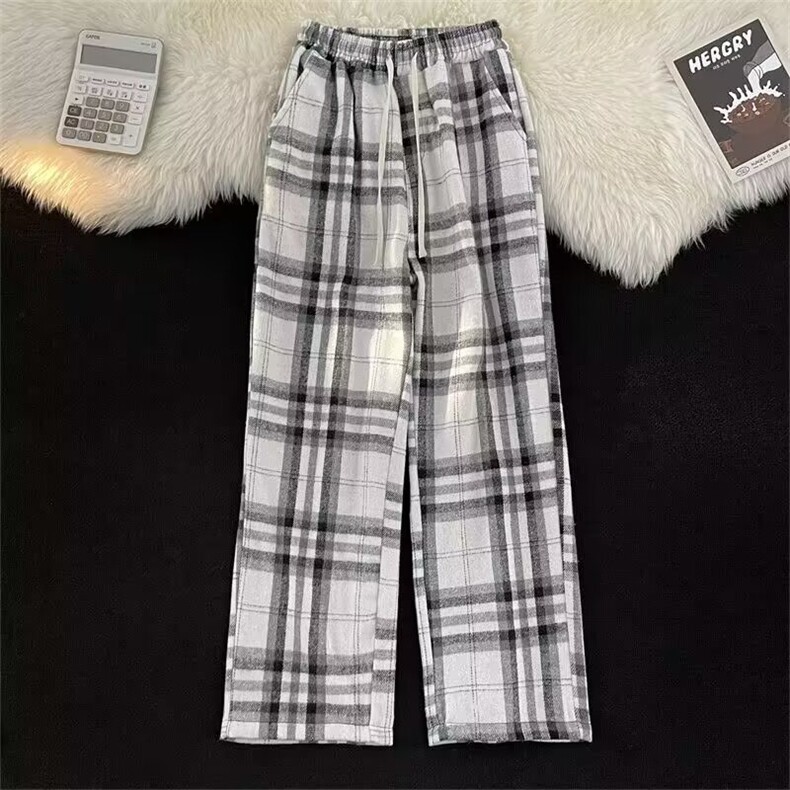 复古黑白格子裤男女秋季宽松休闲抽绳阔腿高腰显瘦长裤A996/P37，男装休闲裤，星座506B
