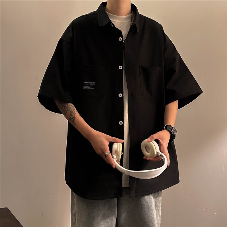 短袖衬衫男夏季潮牌日系宽松潮流衬衣休闲工装外套上衣CY256-P30,男装T恤,星座412