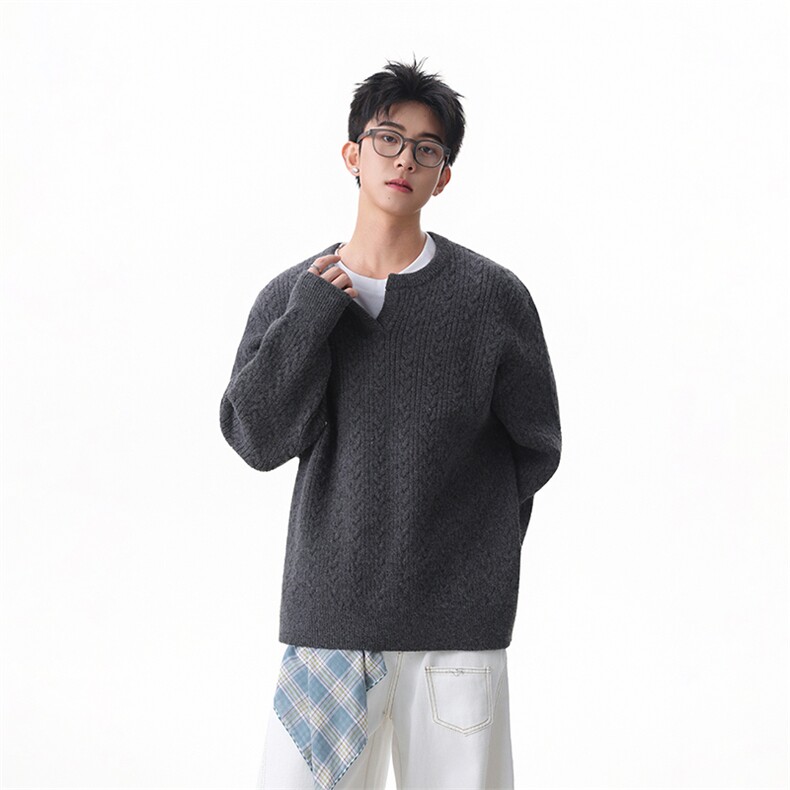 美式复古麻花毛衣男慵懒感亨利领套头针织衫218-7-MY02-P65-控98，男装针织衫/毛衣，星座218-7