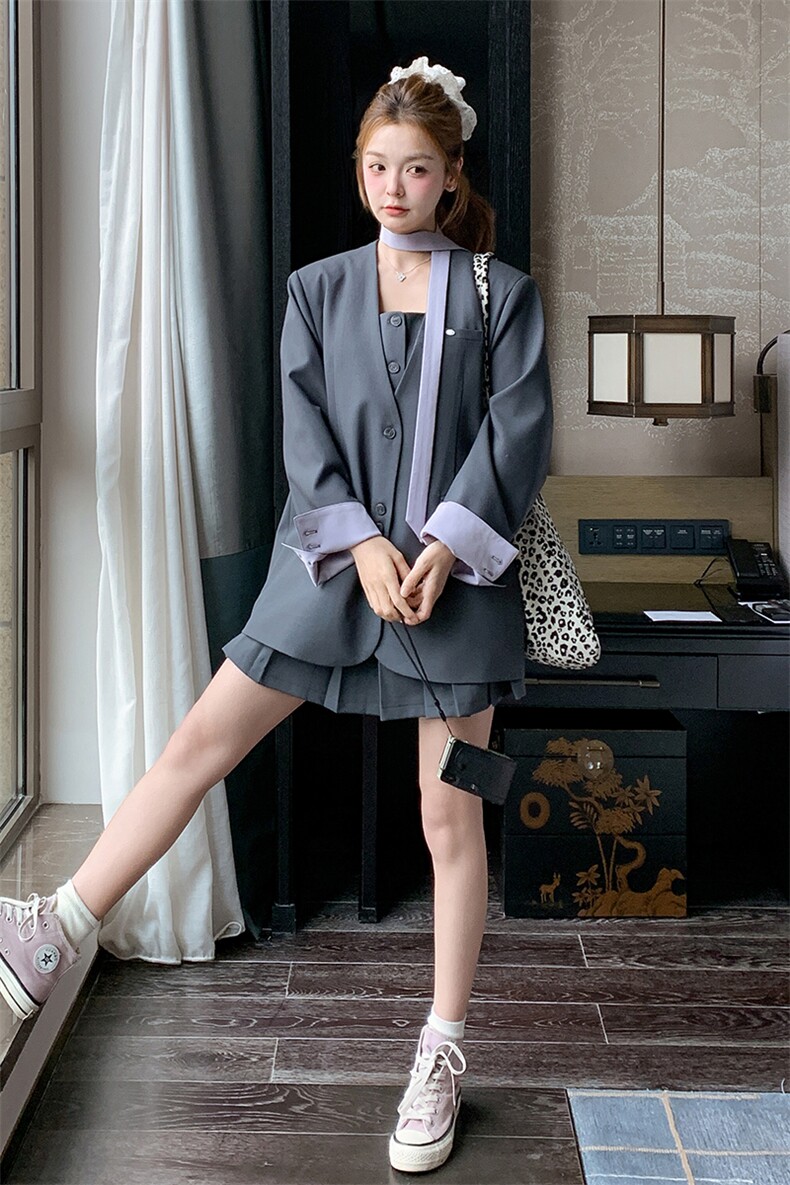 有货26春季【新品】时尚西装百褶裙三件套套装S017-P225-K298,女装套装/套裙,2C305