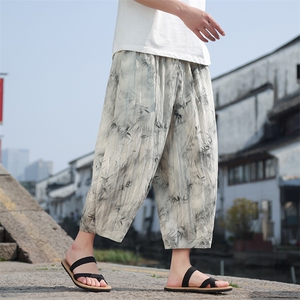 现货！24夏季新中式竹叶印花天丝麻冰丝八分裤子K213-P55-控78图片