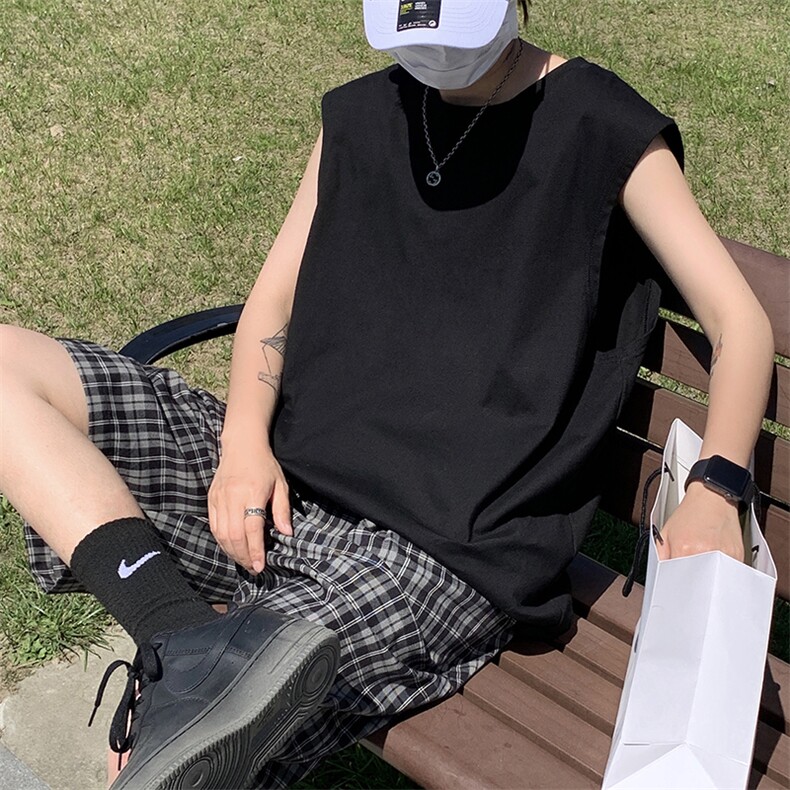 DF359-TP11-13纯棉无袖T恤可二开男夏季港风宽松纯色打底衫背心，男装背心/马甲，电商A102