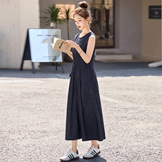 薄款无袖牛仔连衣裙女2025夏季新款高腰显瘦休闲气质A字背心长裙，女装连衣裙，韩宇舍